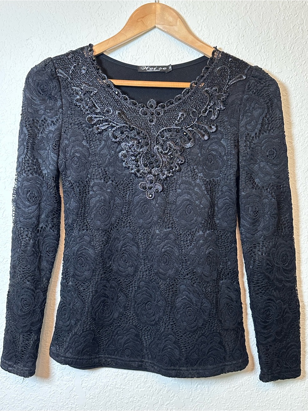 Weise Black Lace Long-Sleeve Top with Beaded V-Neck